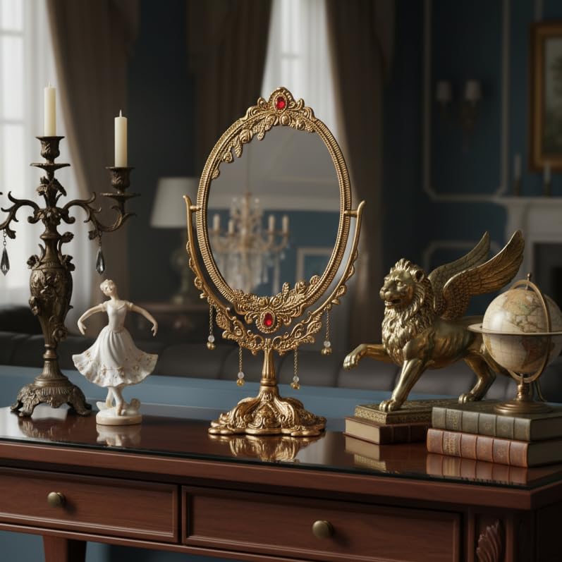 KridayKraft Gold-Plated Double-Sided Oval Metal Table Mirror – Floor-Mounted Unframed Vanity Mirror for Home Décor, Birthday, Anniversary, Wedding & Festive Gifting for Loved Ones