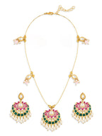 ZAVERI PEARLS Green Pink Meenakari Lotus Design Kundan Embellished Necklace & Earring Set For Women-ZPFK19169