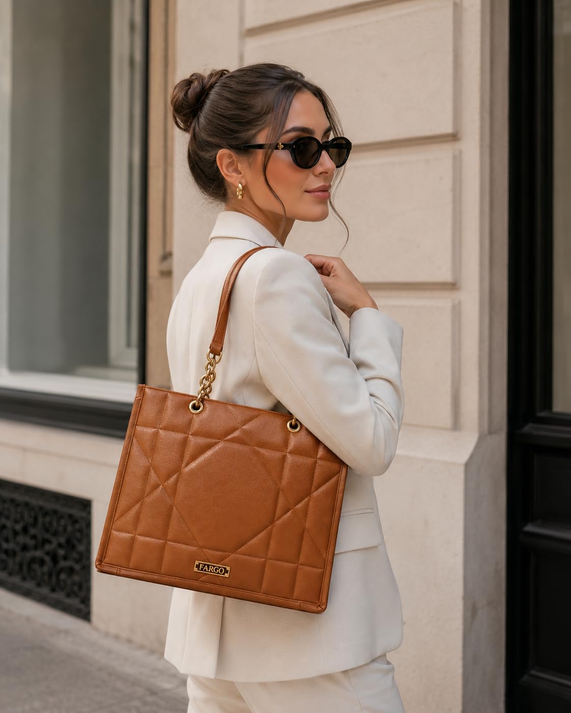 Fargo Matrix Tote Bag for Women | Vegan Leather Handbag with 15-Inch Laptop Compartment, Smooth Zip | Stylish Office, College & Daily Use Tote | Made in India (Tan)