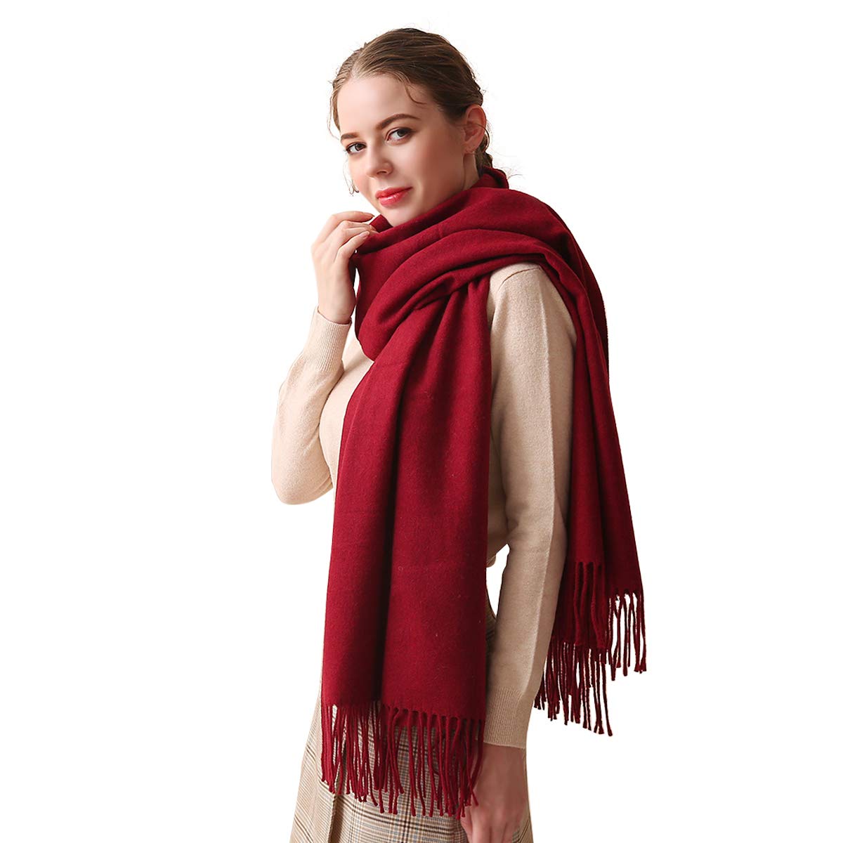 LumiSyne Winter Scarf For Women Plain Color Premium Soft Wool Scarf With Tassel Long And Thickened Shawl Wrap Pashmina, Wine Red, One Size