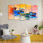 VIBECRAFTS Boats and Sunset Canvas Wall Painting Five Pieces Set of Five For Home|Office|Living Room|Gift (PTVC5Pcs2_6528)
