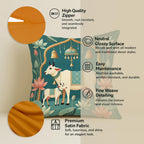 STITCHNEST Satin Cushion Covers Green Ethnic Print with Cow, Lotus & Bell Art, 16x16 Inch (Pack of 2)