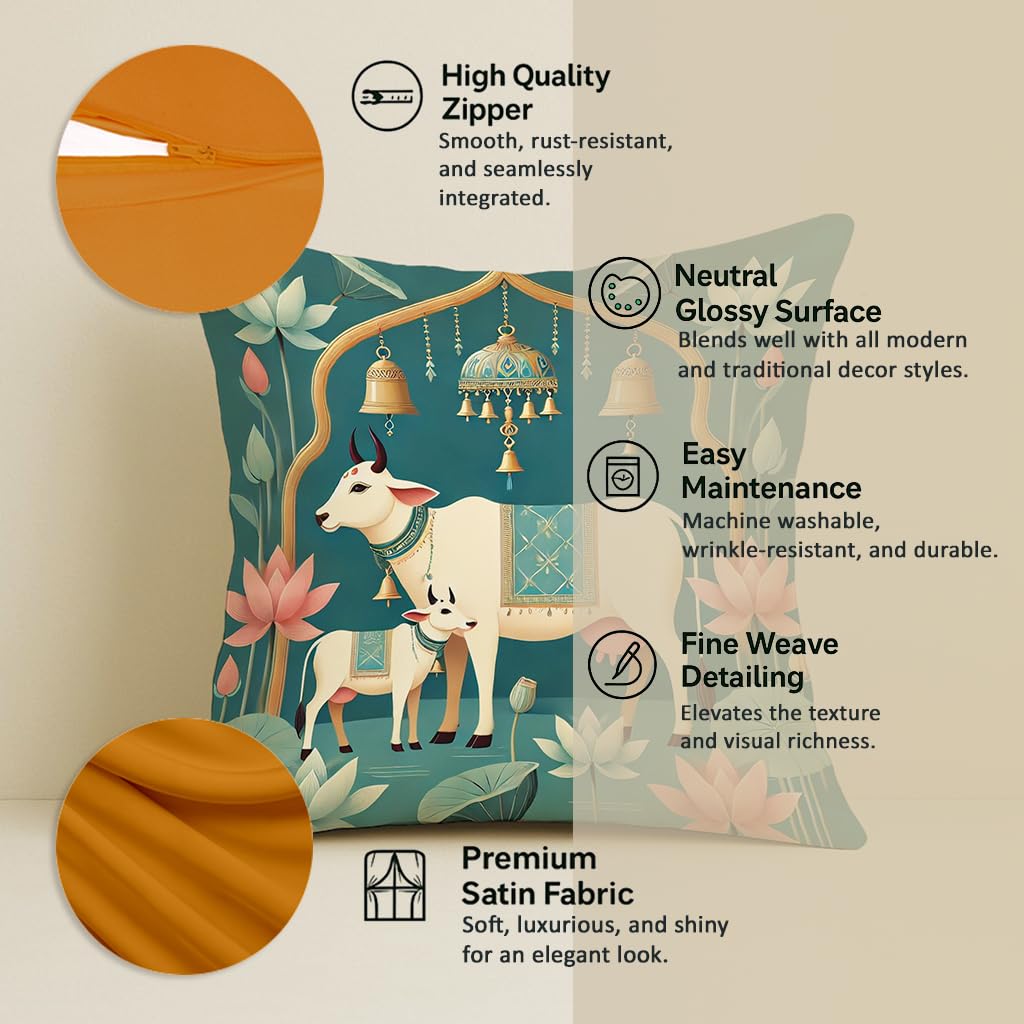 STITCHNEST Satin Cushion Covers Green Ethnic Print with Cow, Lotus & Bell Art, 16x16 Inch (Pack of 2)