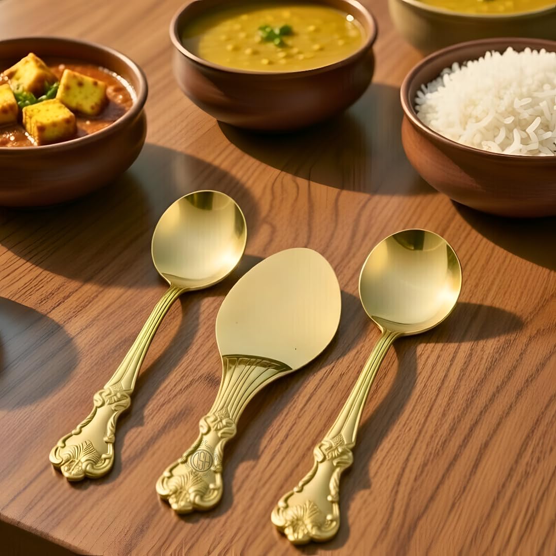 DSH Pure Brass Spoon Set of 3 Cooking and Serving Spoon Set Embossed Design for Home Hotel and Restaurant.