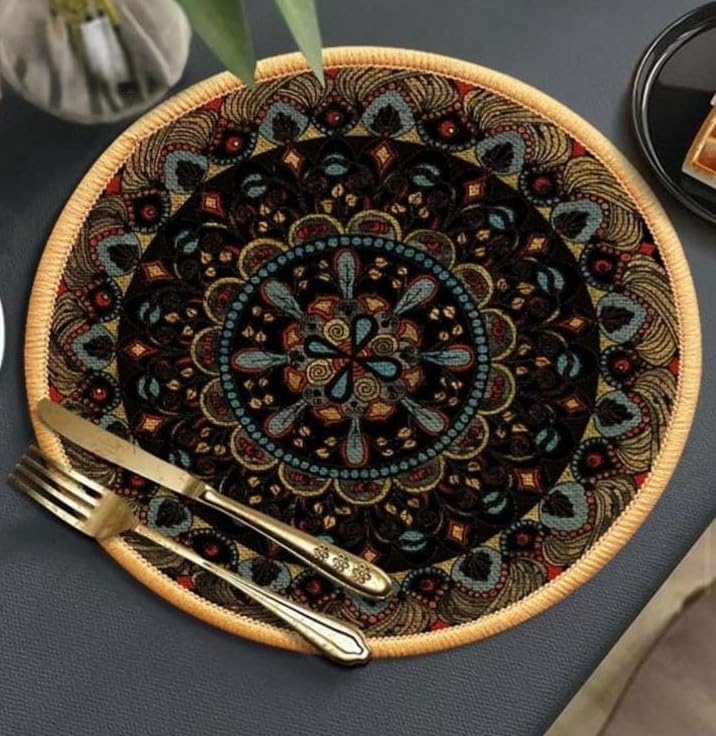 HomeCloud Round Printed Jute Placemat 20x20Cm | Heat-Resistant Table Mat with Anti-Skid Rubber Back | Decorative Dining, Centre & Coffee Table Mat (Black, Pack of 4) Kafalo