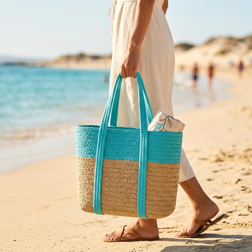 Loom & Luster Handwoven Jute Tote Bag Dual Tone Summer Shoulder Bag | Lightweight Eco-Friendly Handbag for girls and woman (Beige & Aqua)