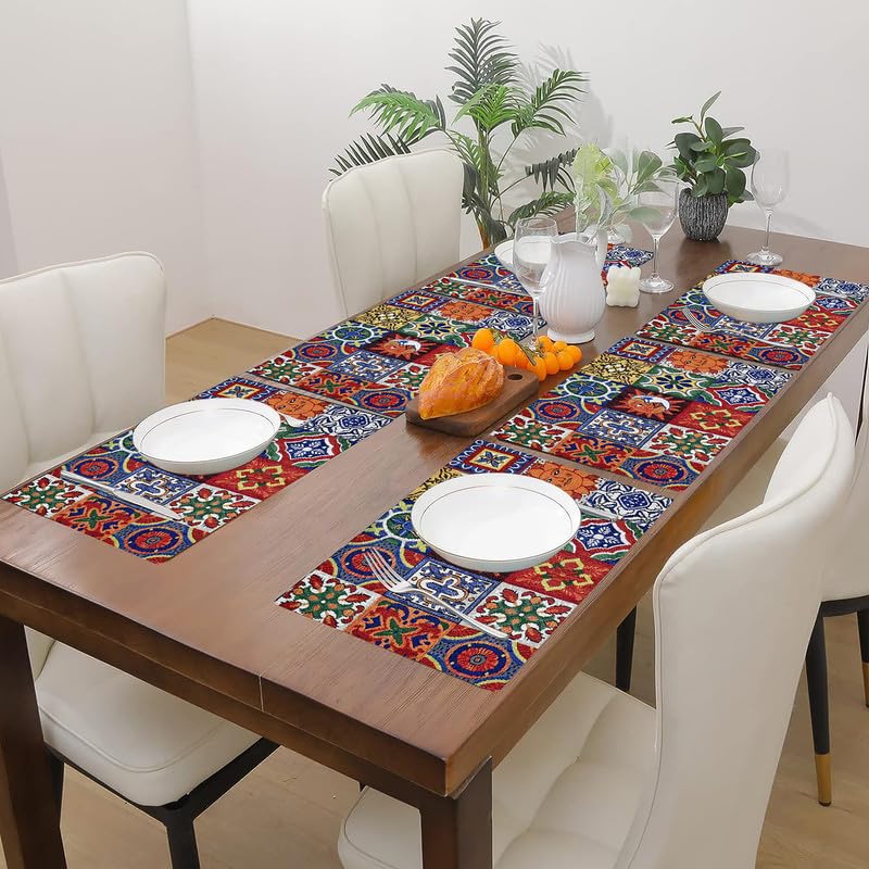 PRAKARTIK BY INDUARTS Sun Moon and Stars Eco-Friendly Cotton Dining Table mats – Reusable, Machine Washable, Everyday Use Red and White Rectangular Placemats, Set of 6 (33x47 cm) Kafalo
