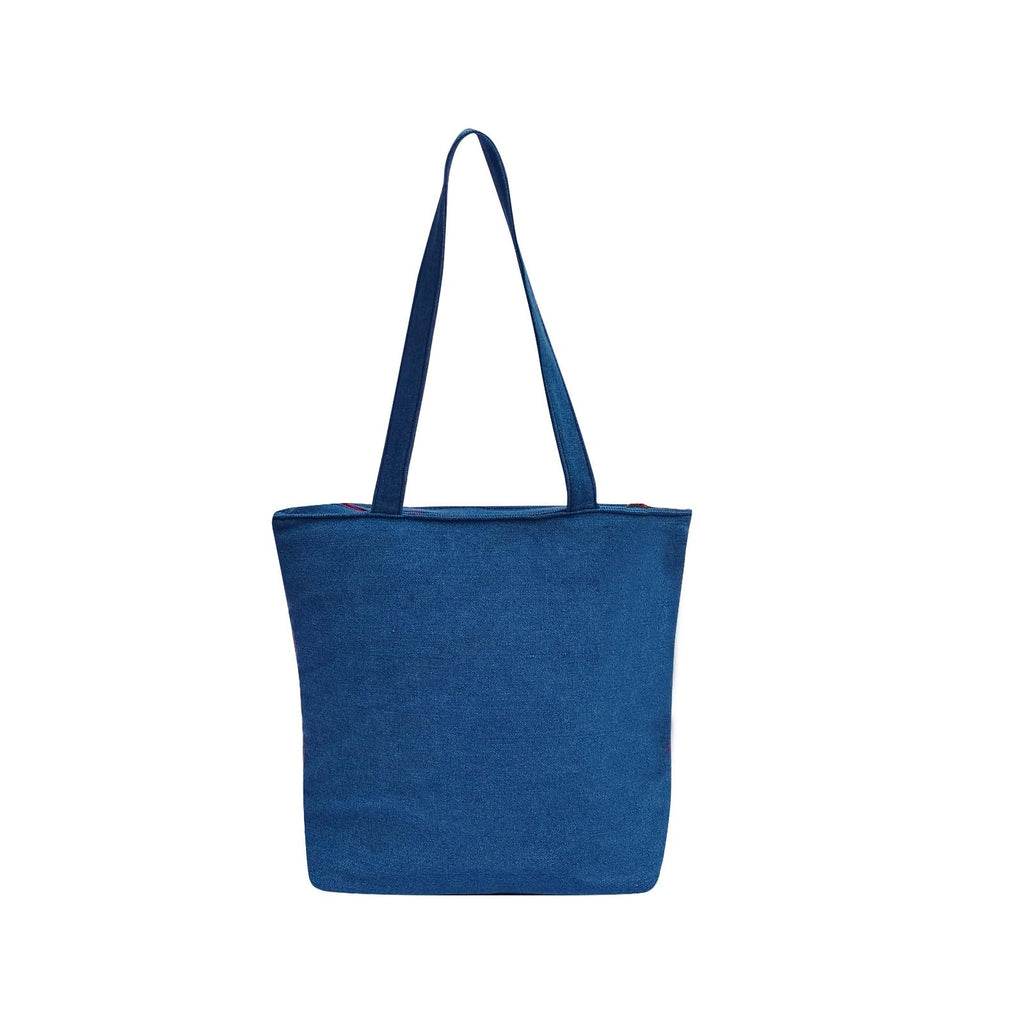 The Purani Jeans Denim Tote Bag with Hand-Printed Design and Real Ghungroos - Handbag for Women & Girls - Ideal for Office, College, Travel, Shopping Bag with Zipper