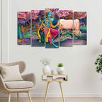 VIBECRAFTS Canvas Wall Painting of Krishna Playing Flute Set of Five For Home|Office|Living Room|Gift (PTVC5Pcs2_6539)