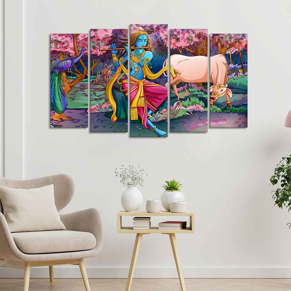 VIBECRAFTS Canvas Wall Painting of Krishna Playing Flute Set of Five For Home|Office|Living Room|Gift (PTVC5Pcs2_6539)