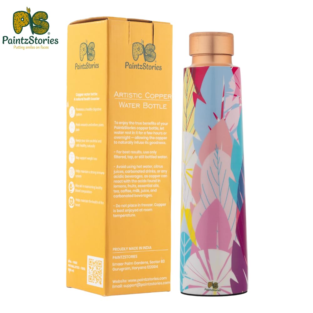 PAINTZSTORIES Cycle of Seasons Meena Print Copper Water Bottle | Handcrafted Tamba Bottle | Premium Copper Water Bottle for Home Décor, Office, Travel & Gifting | 900 ml