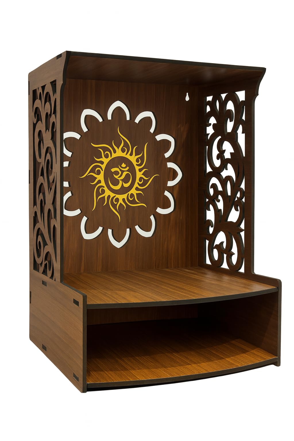 WIZZARTPRINTS Beautiful Wooden Pooja Stand for Home Mandir with LED Spot Light | Wall Mounted Temple for Home and Office | Compact Wooden Puja Mandir Desing 3