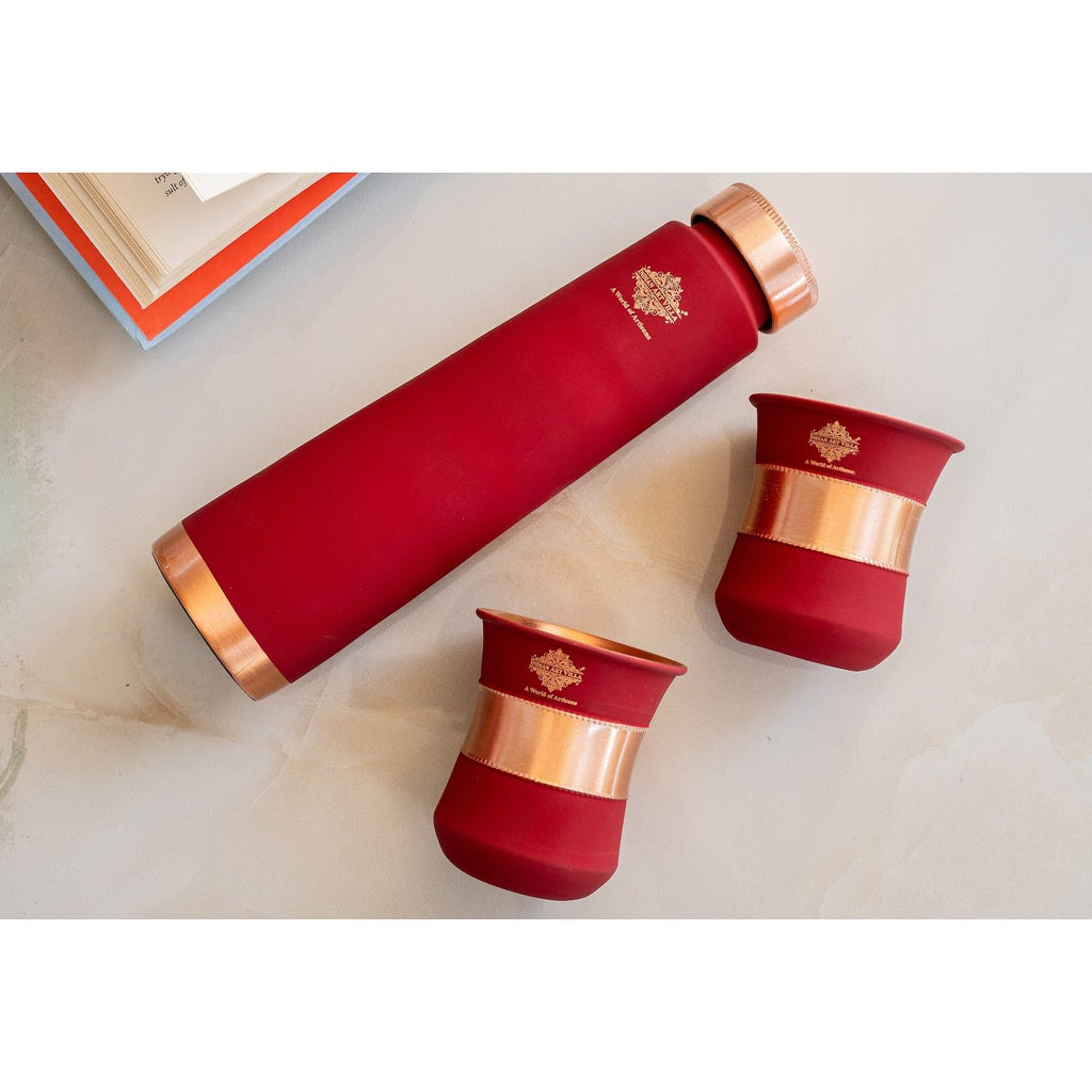 INDIAN ART VILLA Copper Bottle & Glass Set - 800 ml Water Bottle & 2 Glasses (300 ml Each) with Red Pyramid Ombre Silk Finish, Perfect for Gifting & Everyday Use