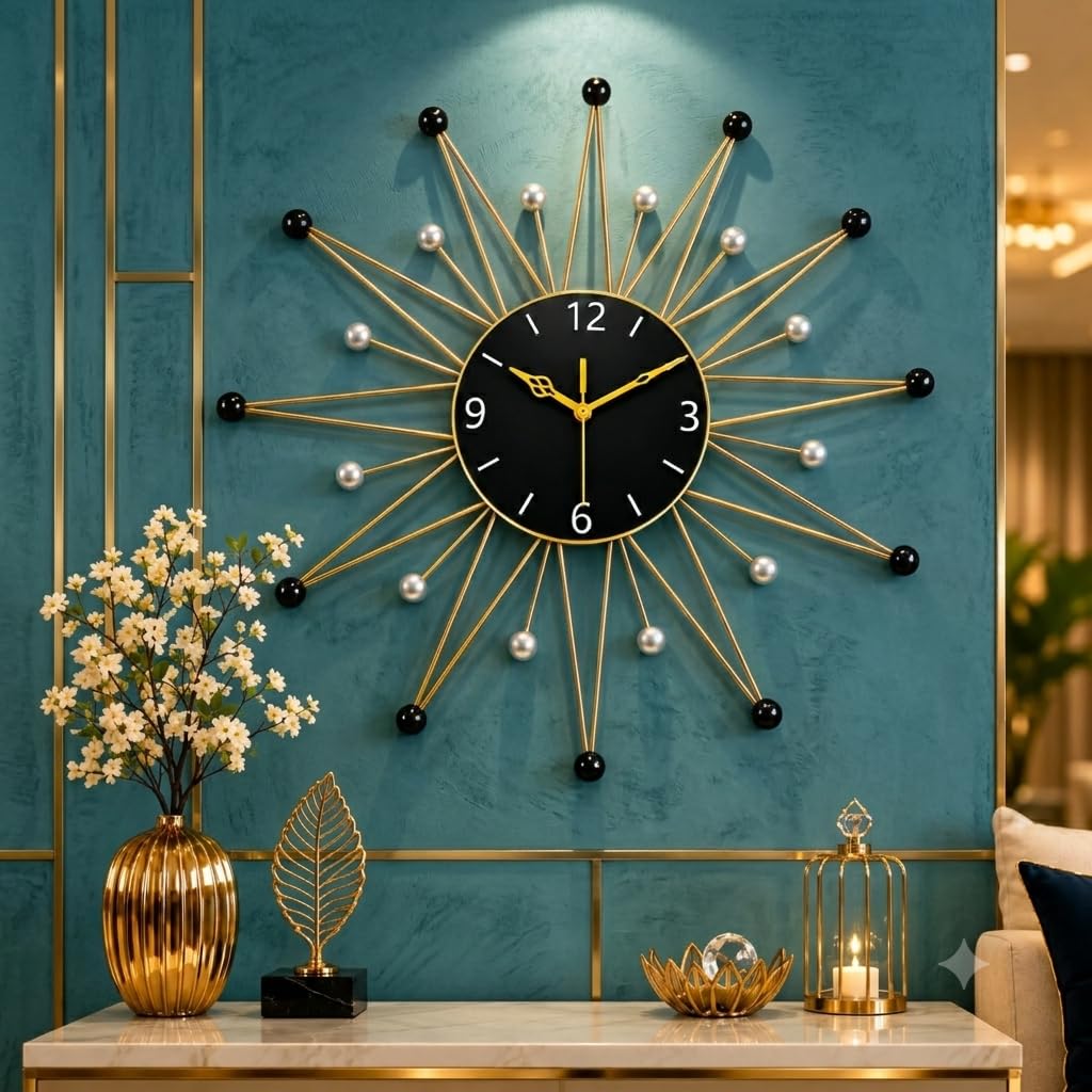 Mahira Artefacts Metal Sunburst Wall Clock with Gold & Black Accents