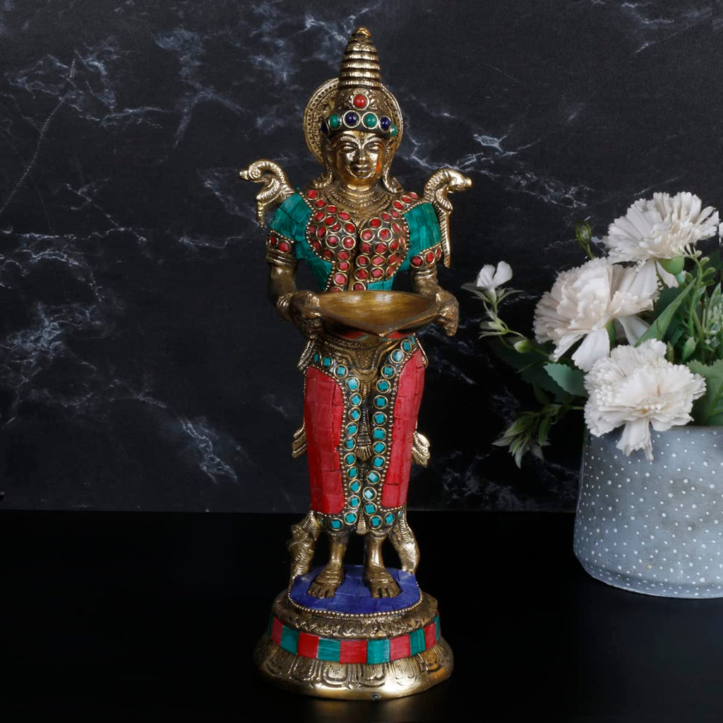 ARTVARKO Brass with Inlay Deep Lakshmi Lamp Lady Diya Lady Standing with Lamps Deep Laxmi Statue Religious Showpiece 10.5 Inch