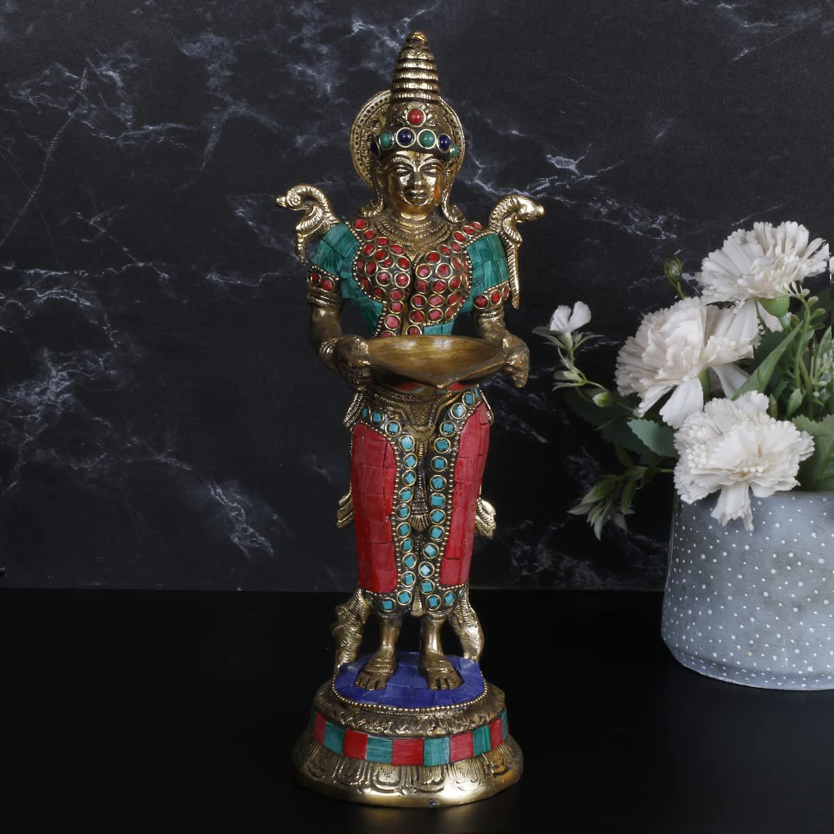 ARTVARKO Brass with Inlay Deep Lakshmi Lamp Lady Diya Lady Standing with Lamps Deep Laxmi Statue Religious Showpiece 10.5 Inch