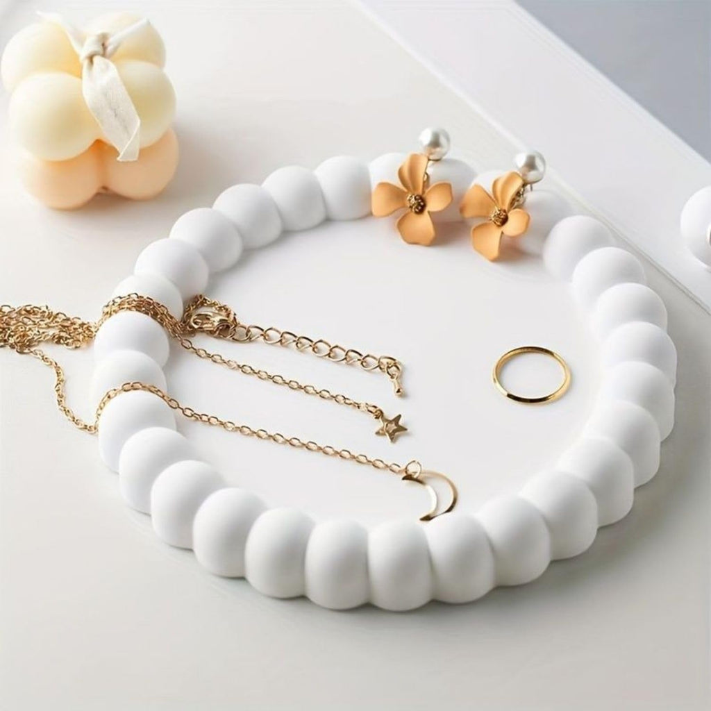 Kitty Cat® Aesthetic Handmade Concrete Bubble Trinket Tray | Off-White Jewelry & Makeup Organizer | Stylish Home Decor, Candle Holder & Multipurpose Table Accessory | Unique (14.3x14.3cm) (Round-1)