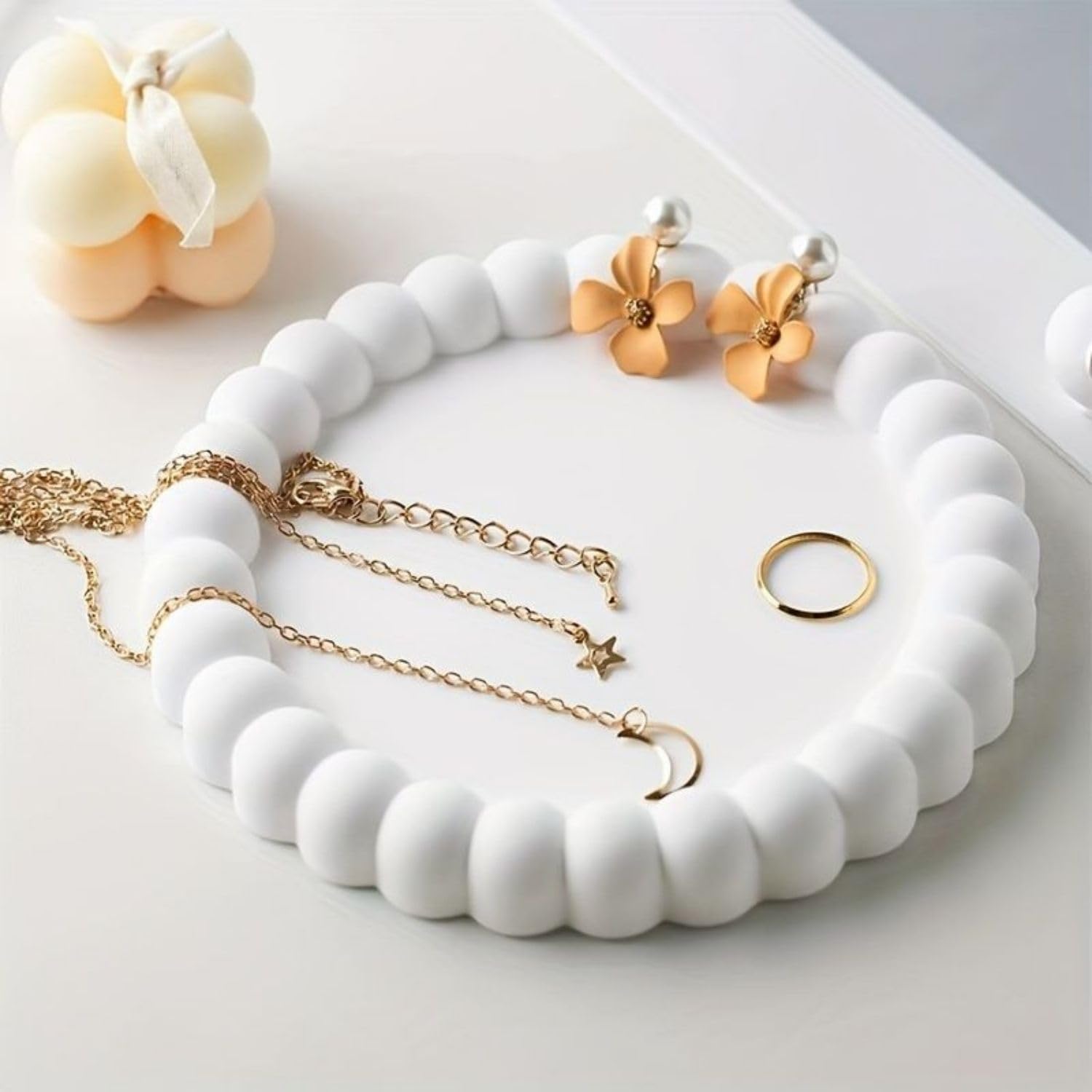 Kitty Cat® Aesthetic Handmade Concrete Bubble Trinket Tray | Off-White Jewelry & Makeup Organizer | Stylish Home Decor, Candle Holder & Multipurpose Table Accessory | Unique (14.3x14.3cm) (Round-1)