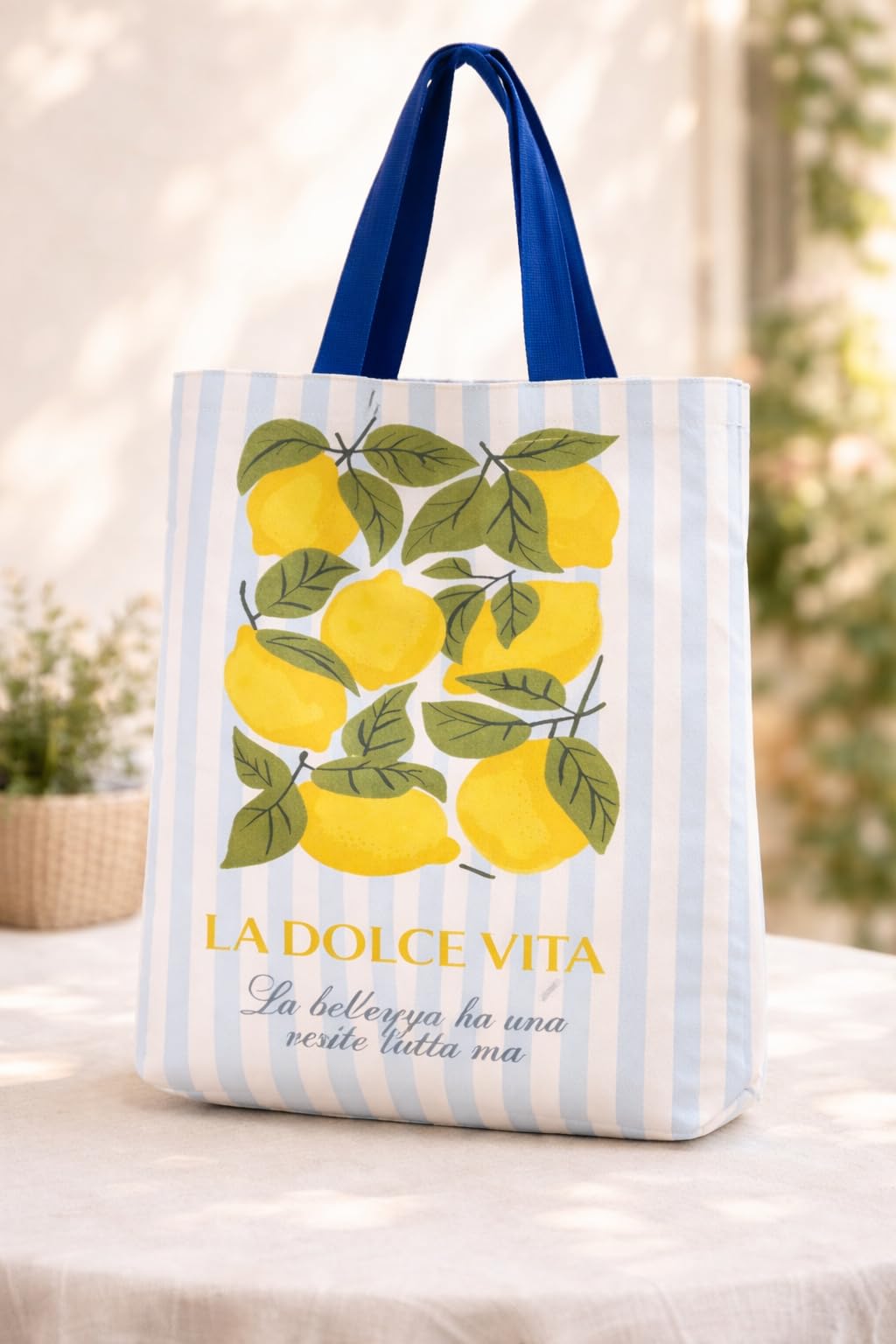 THE SACK CO. La Dolce Vita Lemon Print Tote Bag, Italian Style, Blue Stripe Large Canvas Tote Bag for Women, Tote Handbags for Women with Zipper & Inner Pocket for College, Shopping, Office