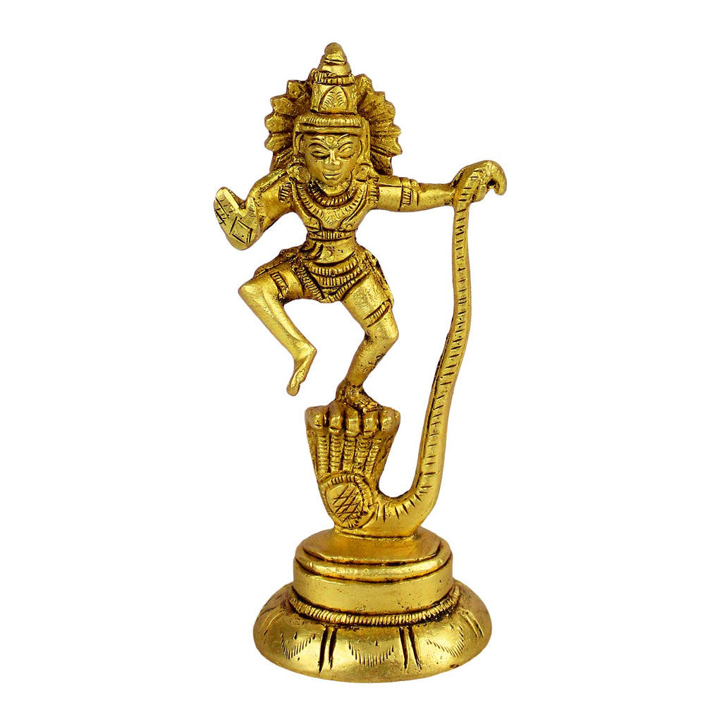 ARTVARKO Brass Dancing Krishna Statue Standing on Shesh Naag Hood Murti Vastu Religious Figurine for Mandir, Living Room, Office Table and Home Decor Gift Small 4 Inch