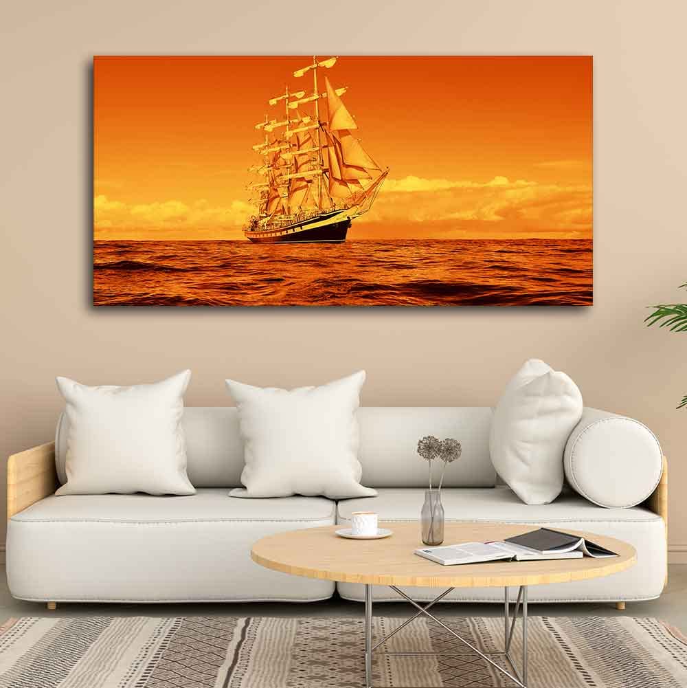 VIBECRAFTS Canvas Paintings for Living Room Drawing Room Sailing Ship in a Beautiful Golden Hour Premium Wall Painting Fitted with Wooden Frame for Home|Office|Gift(PTVCH_2261)(48 x 24 Inches)