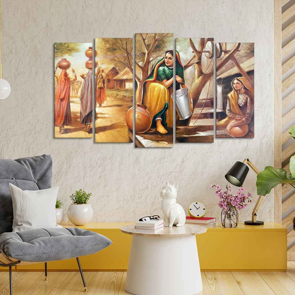 VIBECRAFTS A Woman Filling Water in a Pot Frame Painting of Five Pieces For Home|Office|Living Room|Gift (PTVC5Pcs2_6569N)