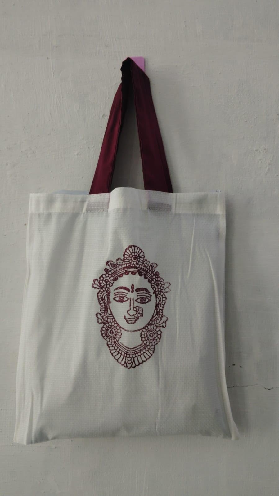 Return Gift Cotton Tote Bag with Traditional Indian Deity Print, White with Maroon Handles Set of 50 bags