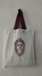 Return Gift Cotton Tote Bag with Traditional Indian Deity Print, White with Maroon Handles Set of 50 bags