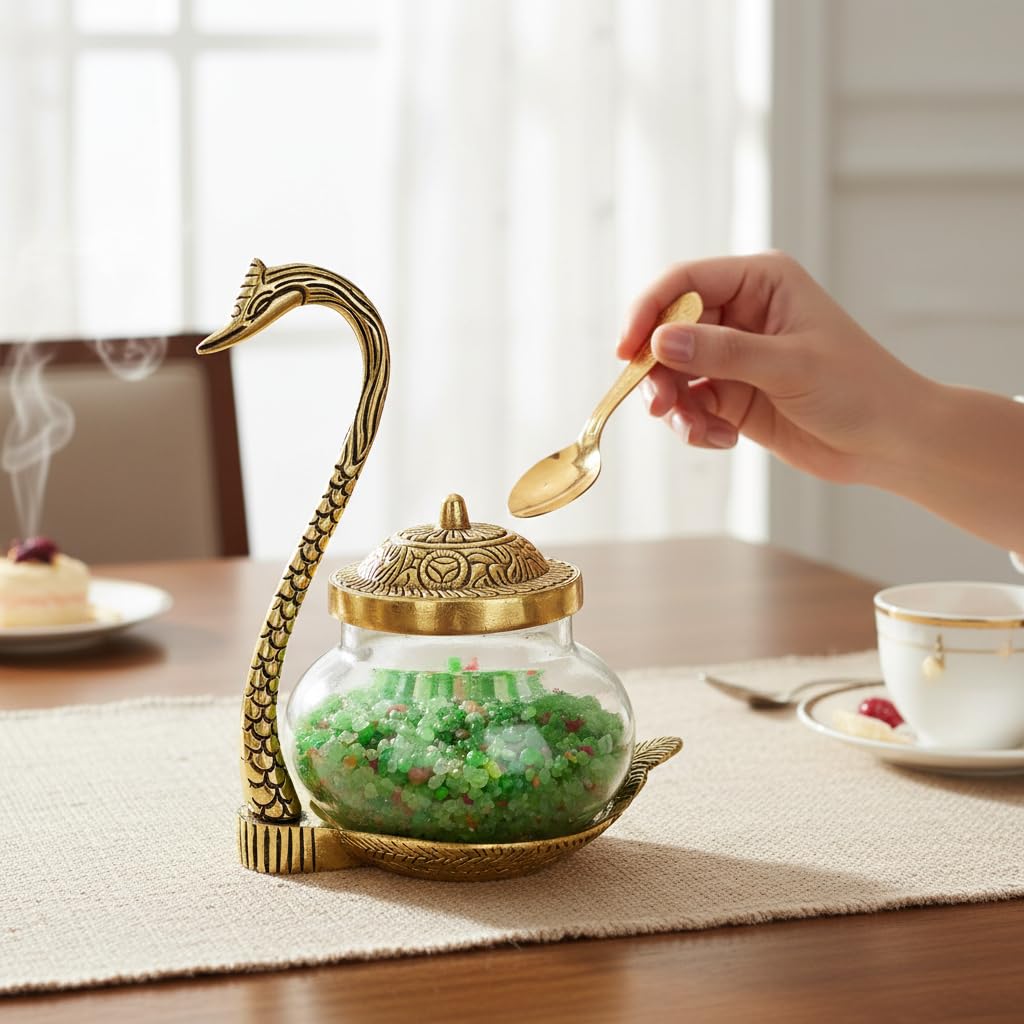 KridayKraft Aluminium swan Duck with Transparent Glass Bowl Set with Spoon and lid (11 x 15 x 11 cm, Gold)