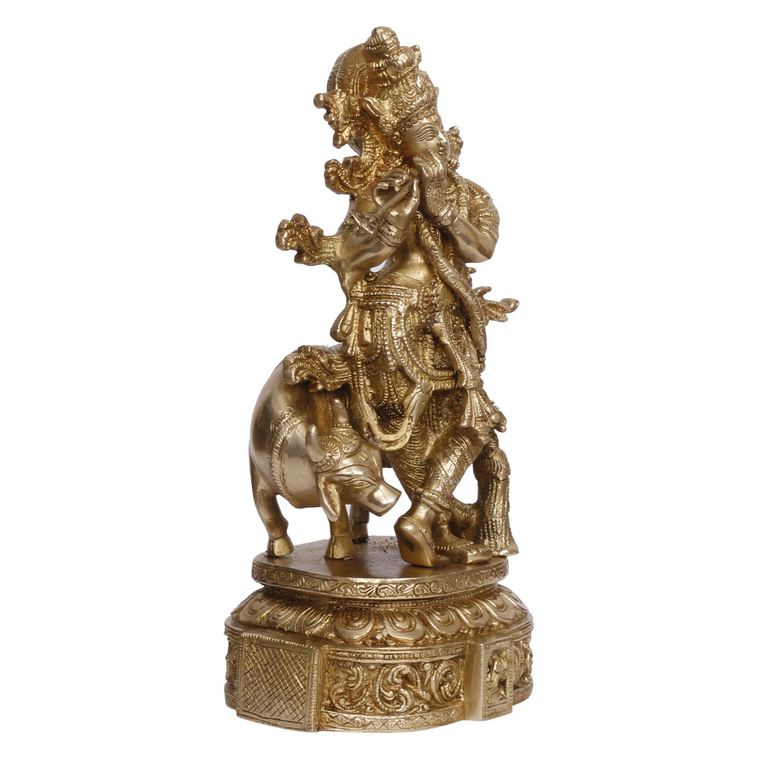 ARTVARKO Brass Krishna with Cow Standing Playing Flute Idol Statue for Home Mandir Pooja Krishan Ji Murti Temple Puja Office Home Décor Showpiece (12 inches)