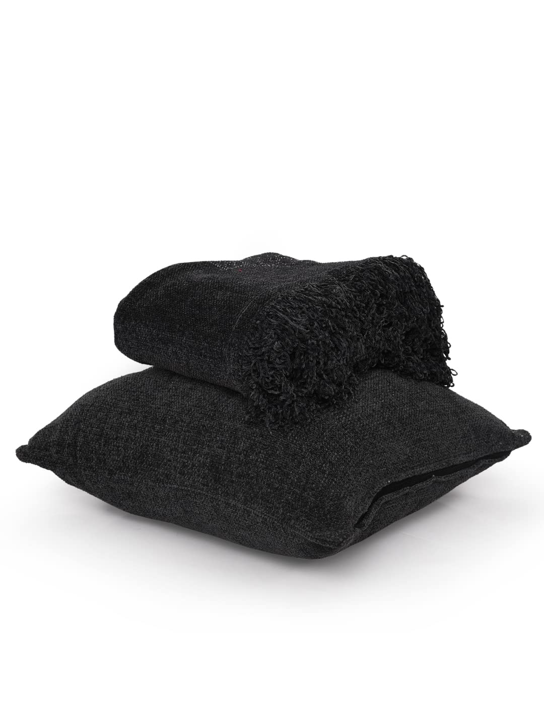 SASHAA WORLD Solid Soft Chenille Throw Blanket for Sofa, Bed & Couch with Cushion Cover Set | Charcoal Throw & Cushion Cover | Throw-130x180 cm, Cushion-45x45 cm Kafalo