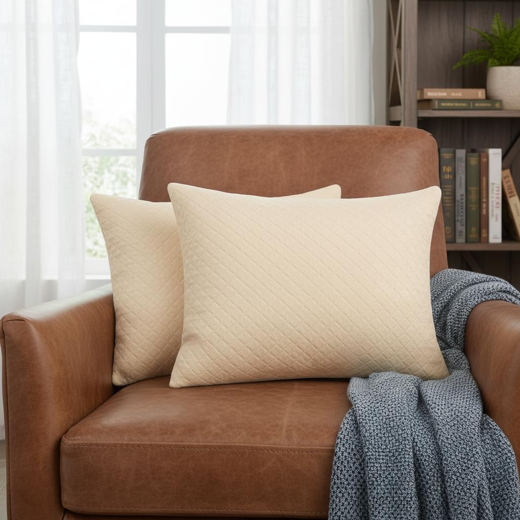 STITCHNEST Quilted Velvet Cushion Covers Set of 2 | Soft Beige | 12x18 Inches | Premium Sofa & Living Room Décor