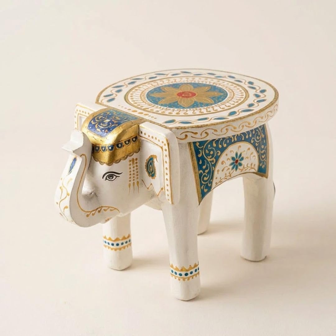 ATRANGI STUDIO Classic White Handpainted Wooden Elephant Stool Cum Showpiece | Mango Wood Traditional Multipurpose Stool for Living Room Decor & Mandir | Perfect for Plant Stand | 8x8x10 inch
