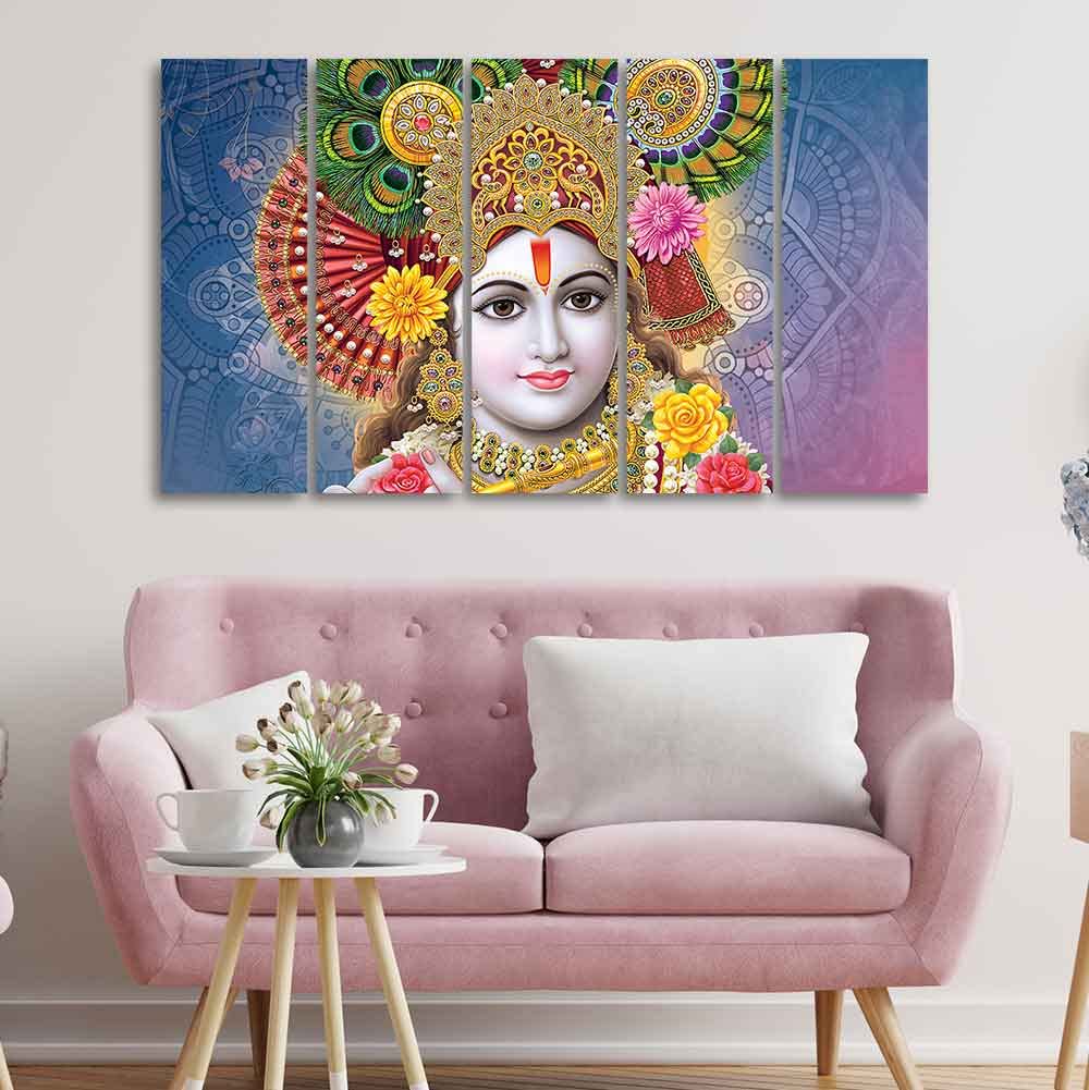 VIBECRAFTS Kanha Ji Canvas Wall Painting of Five Pieces For Home|Office|Living Room|Gift (PTVC5Pcs4_8730)