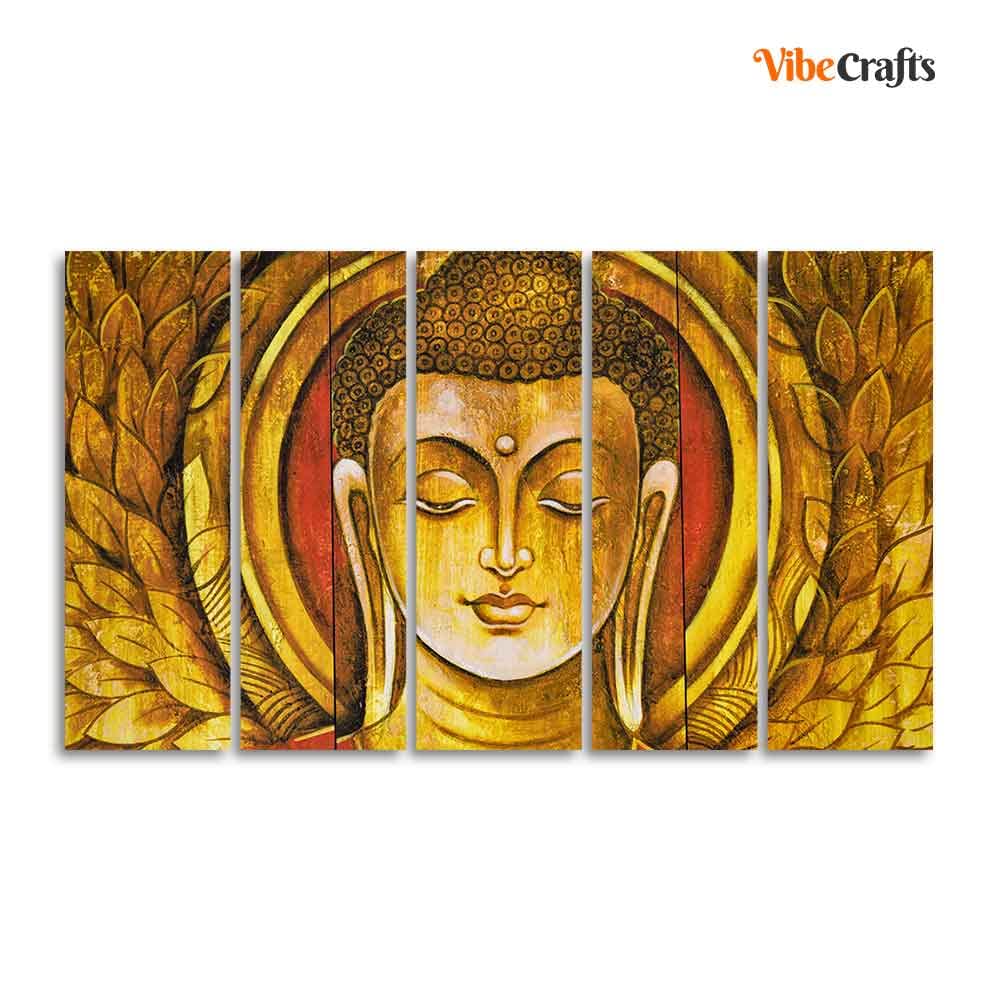 VIBECRAFTS Gautam Buddha Meditation Wall Painting of Five Pieces For Home|Office|Living Room|Gift (PTVC5Pcs4_8686)