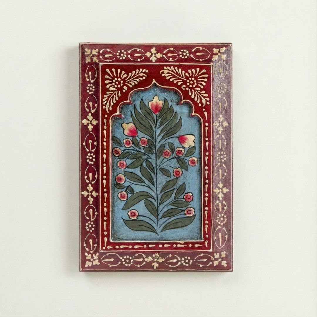 ATRANGI STUDIO Handpainted Wooden Wall Frame | Rajasthani Traditional Craft | Decorative Floral Wall Hanging Art for Living room, Bedroom, Office | 12×8 Inch, Red