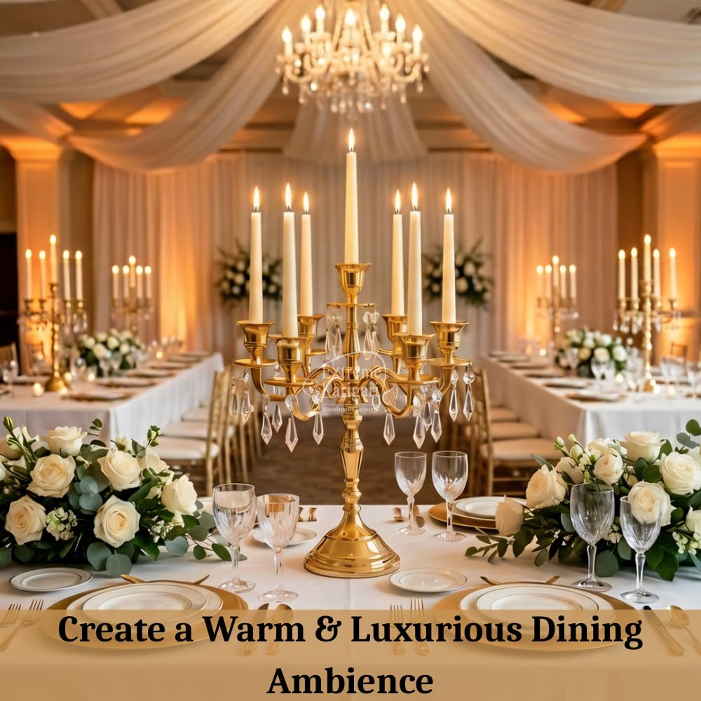 Extreme Karigari Vintage 7 Arm 12inch Candle Holder Stand with Crysal Hanging for Home and Dining Table Decor, Wedding Centerpiece