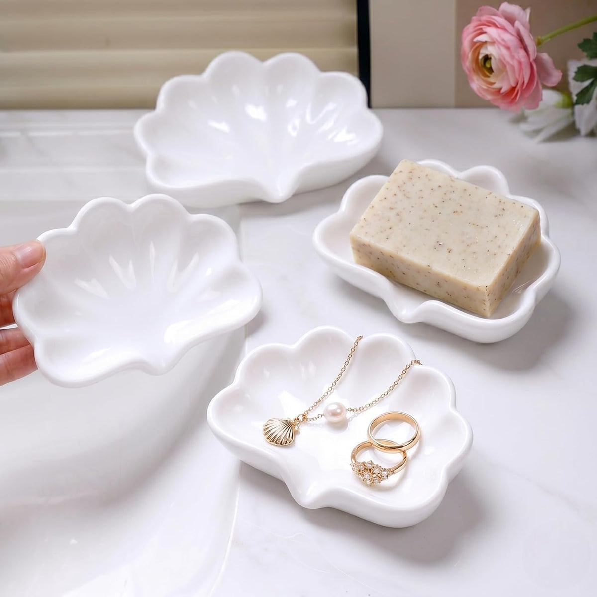 SITSRA Luxury Pink Shell Soap Dish Tray for Bathroom Sink Vanity Counter Decorative Ceramic Soap Holder for Soap Jewelry Keys Sponge Bathroom Accessories Home Decor (3)