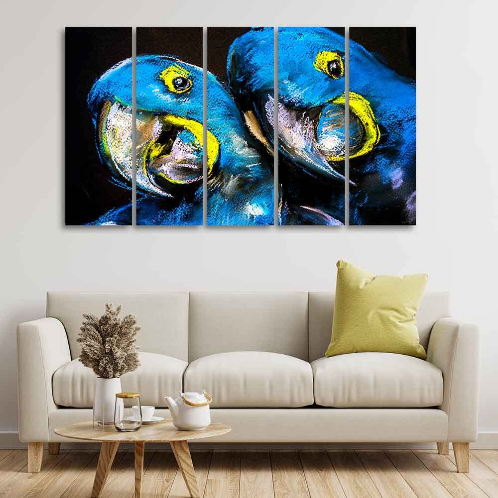 VIBECRAFTS Blue Parrots Pastel Art Five Pieces Wall Painting For Home|Office|Living Room|Gift (PTVC5Pcs4_8545)