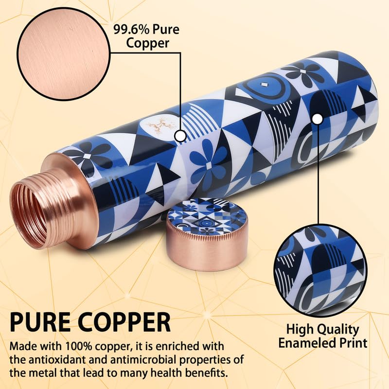 MERCAPE Pure Copper Water Bottle 900ml | Jointless Design | Leak Proof Copper Bottle with Printed Blue Geometric Pattern | Reusable Water Bottle for Home, Office, Gym & Travel