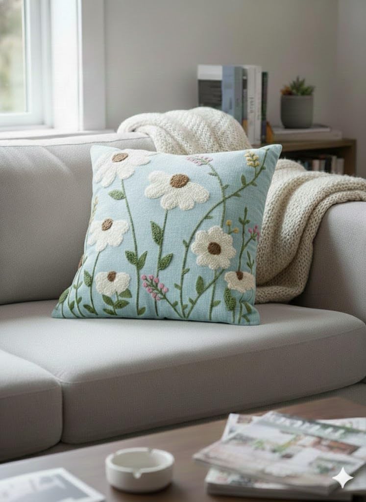 CASA-NEST Linen Embroidery Cushion Cover, Size -16x16 inch, Pack of 2 pc, Decorative Sofa Cushion (Aqua, 2)