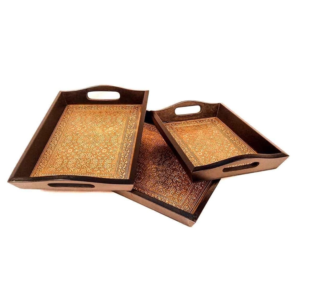 Crafted wonders Wooden Tray Serving Brass Tray Handcrafted for Table Decor, Home Decor and Gifts- Set of 3 Multipurpose Serving & Home Decor Trays (Brown)