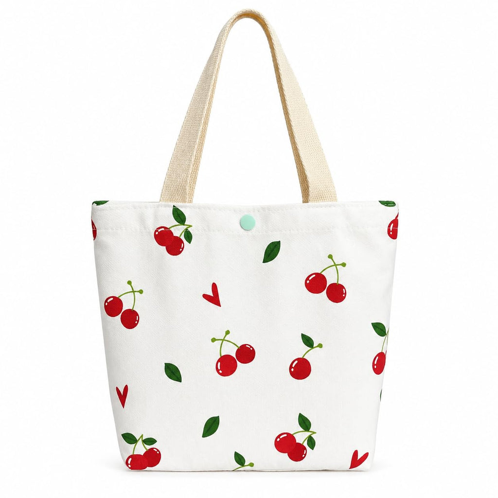 BROGBUS Cherry Print Canvas Tote Bag for Women, Cute Cotton Shoulder Handbag with Magnetic Button Closure, Reusable Shopping Bag for College, Office, Travel & Daily Use (31 x 25 cm, White)