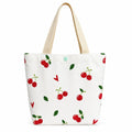 BROGBUS Cherry Print Canvas Tote Bag for Women, Cute Cotton Shoulder Handbag with Magnetic Button Closure, Reusable Shopping Bag for College, Office, Travel & Daily Use (31 x 25 cm, White)