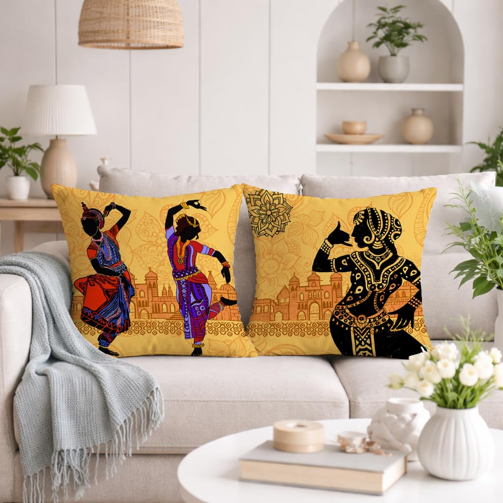 STITCHNEST Set of 2 Nritya Kala Collection Printed Jute Cushion Covers 16x16 Inches | Decorative Throw Pillow Covers for Sofa, Living Room, Bedroom | Perfect for Home Decor