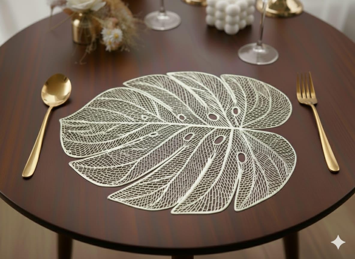 Table Placemats Elegant Light Golden Color with Stunning 3D Embossed Design | Durable, Waterproof & Stylish Dining Decor (Golden Banana Leaf, Pack of 4) Kafalo