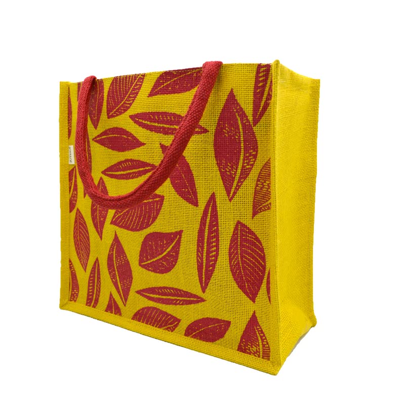 JUTEKA Unisex-Adult Red And Yellow Leave Printed Jute Bag For Lunch, Office, Grocery, Picnic, Tiffin, Shopping Hand Bag With Padded Cotton Handles