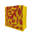 JUTEKA Unisex-Adult Red And Yellow Leave Printed Jute Bag For Lunch, Office, Grocery, Picnic, Tiffin, Shopping Hand Bag With Padded Cotton Handles
