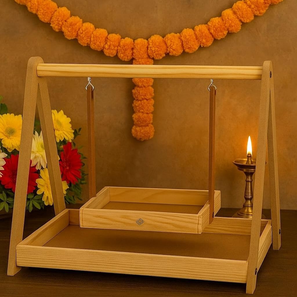 SATYAM KRAFT 1 Set Foldable Wooden laddu Gopal Krishna jhula Swing for janmashtami Decoration Items | Traditional Palna for Home Mandir Temple Kanhaji Pooja Festival Decoration