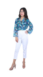 Slique Apparels Women Tropical Print Shawl Collar Crop Top (SLT-2301_Blue)